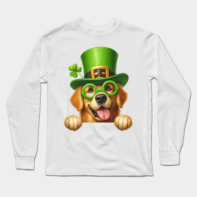 St Patricks Day Peeking Golden Retriever Dog Long Sleeve T-Shirt by Chromatic Fusion Studio